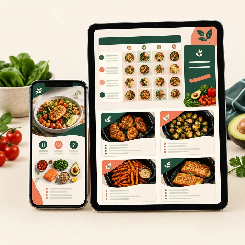 O guia aberto no celular e no tablet, com planner e receitas